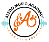 A logo for aledo music academy with a treble clef