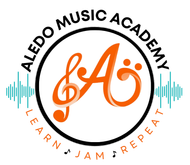 A logo for aledo music academy with a treble clef