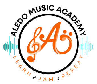 A logo for aledo music academy with a treble clef