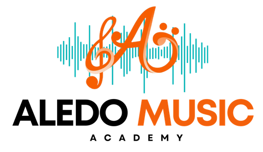 A logo for aledo music academy with a treble clef