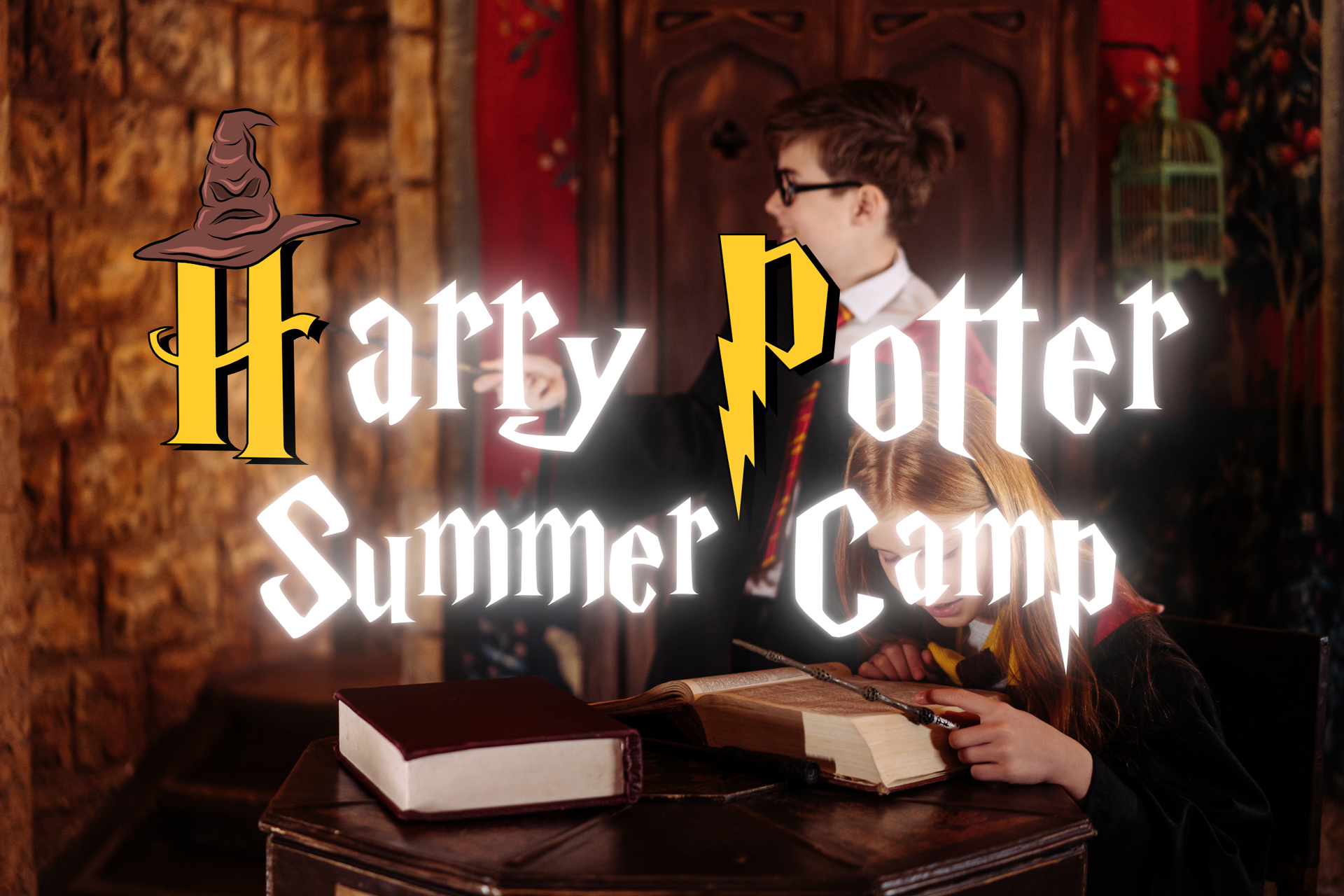 A boy and a girl are sitting at a table reading harry potter summer camp.