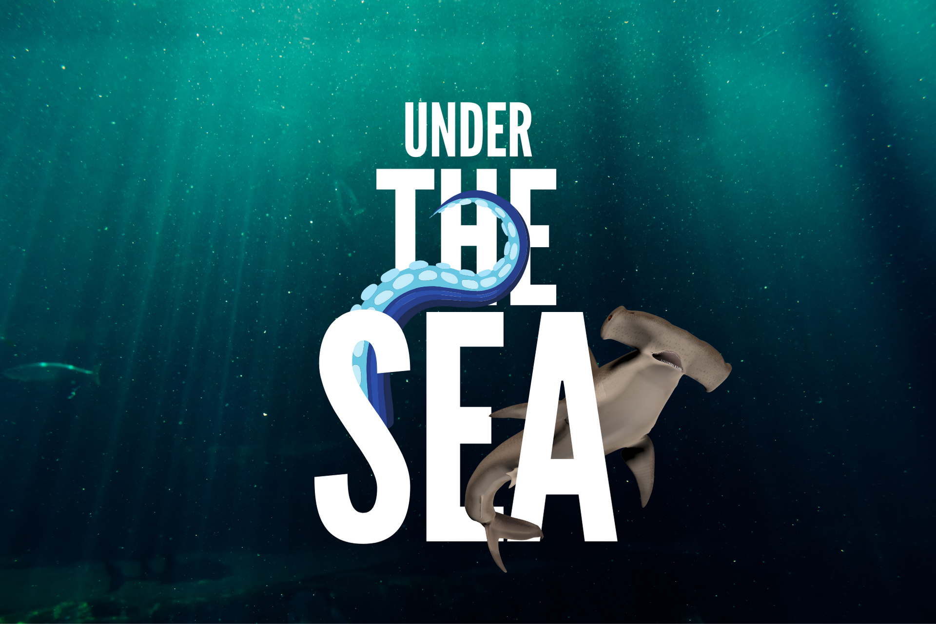 A logo for under the sea with sharks in the background