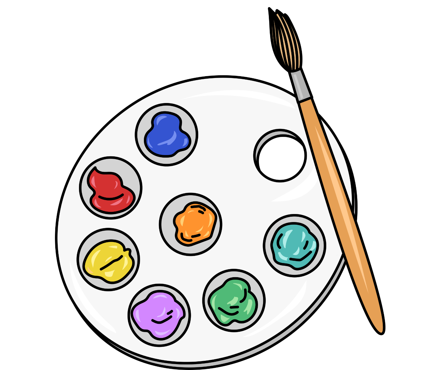 A palette of paint and a brush on a white background.