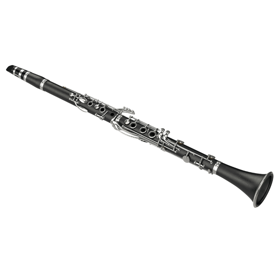 A close up of a clarinet on a white background.