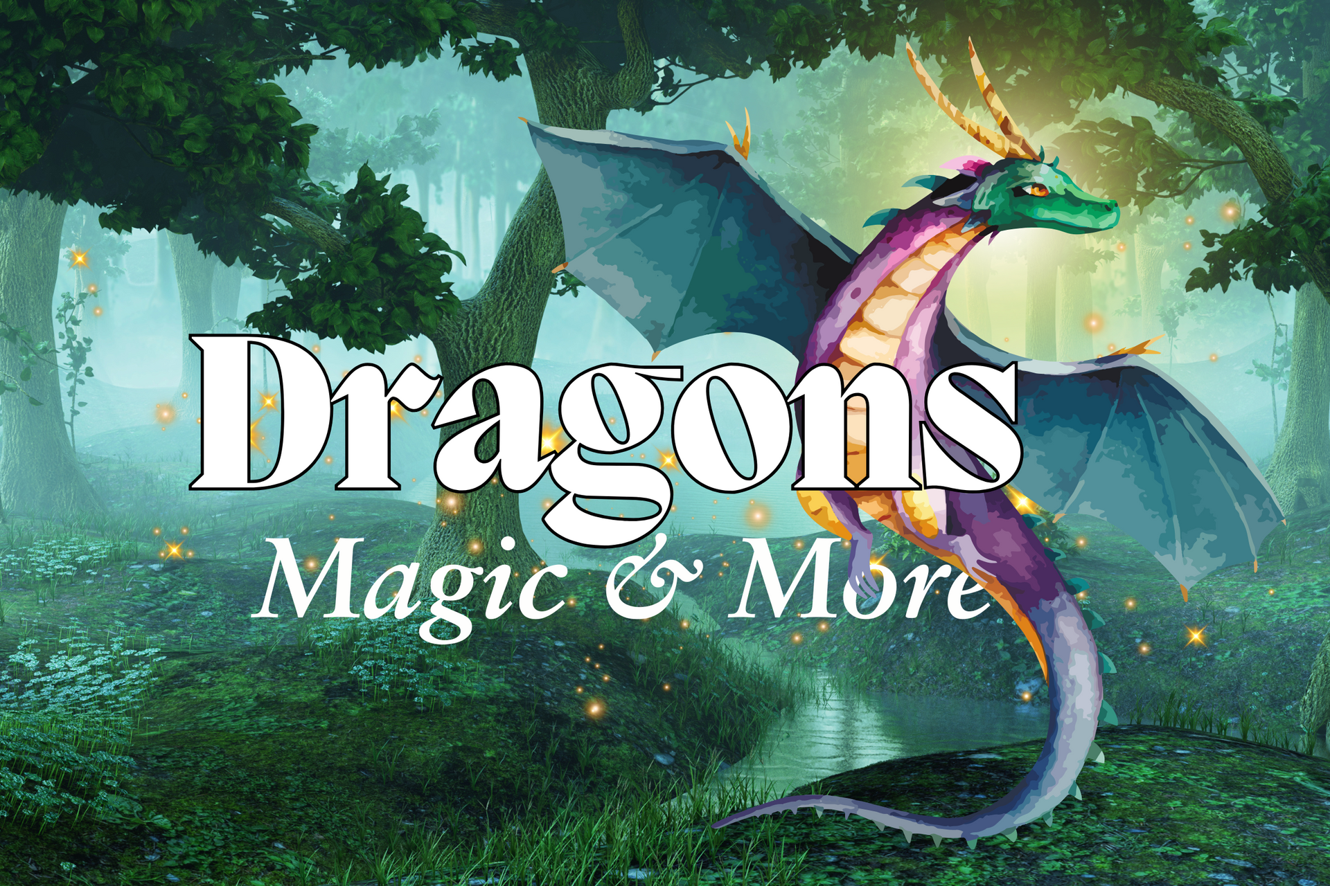 The logo for dragons magic and more shows a dragon in a forest