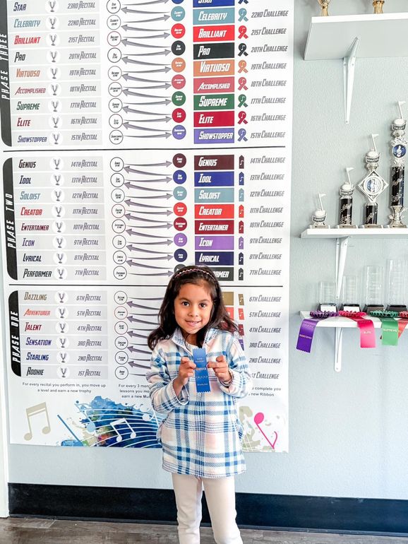 A little girl is standing in front of a growth chart.