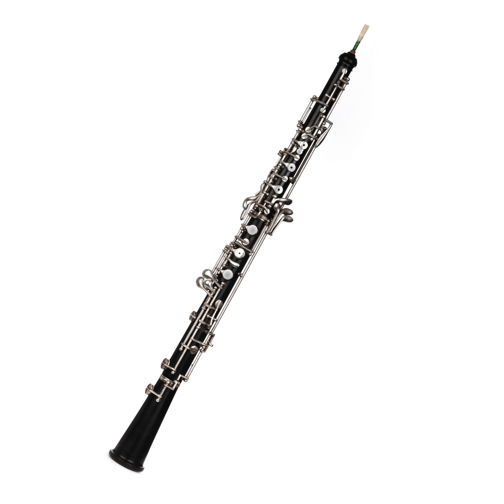 A close up of an oboe on a white background