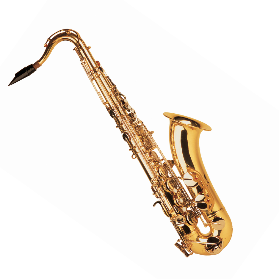 A gold saxophone with a black mouthpiece on a white background