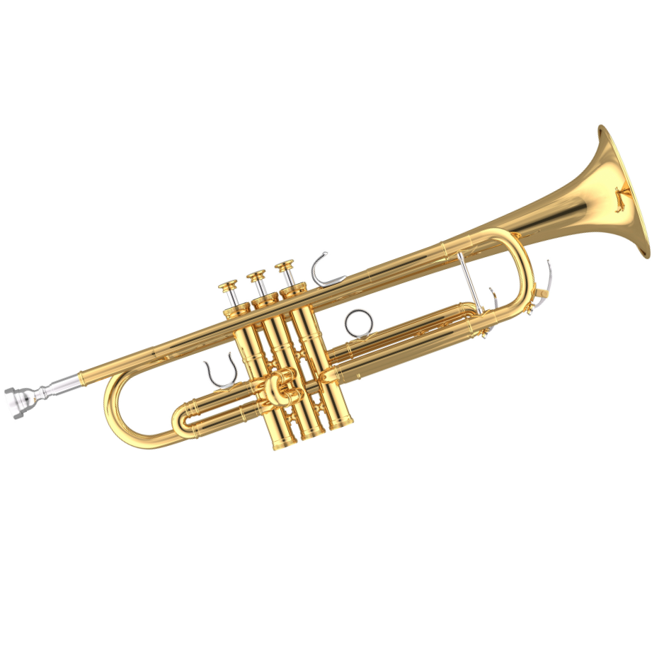 A close up of a trumpet on a white background.