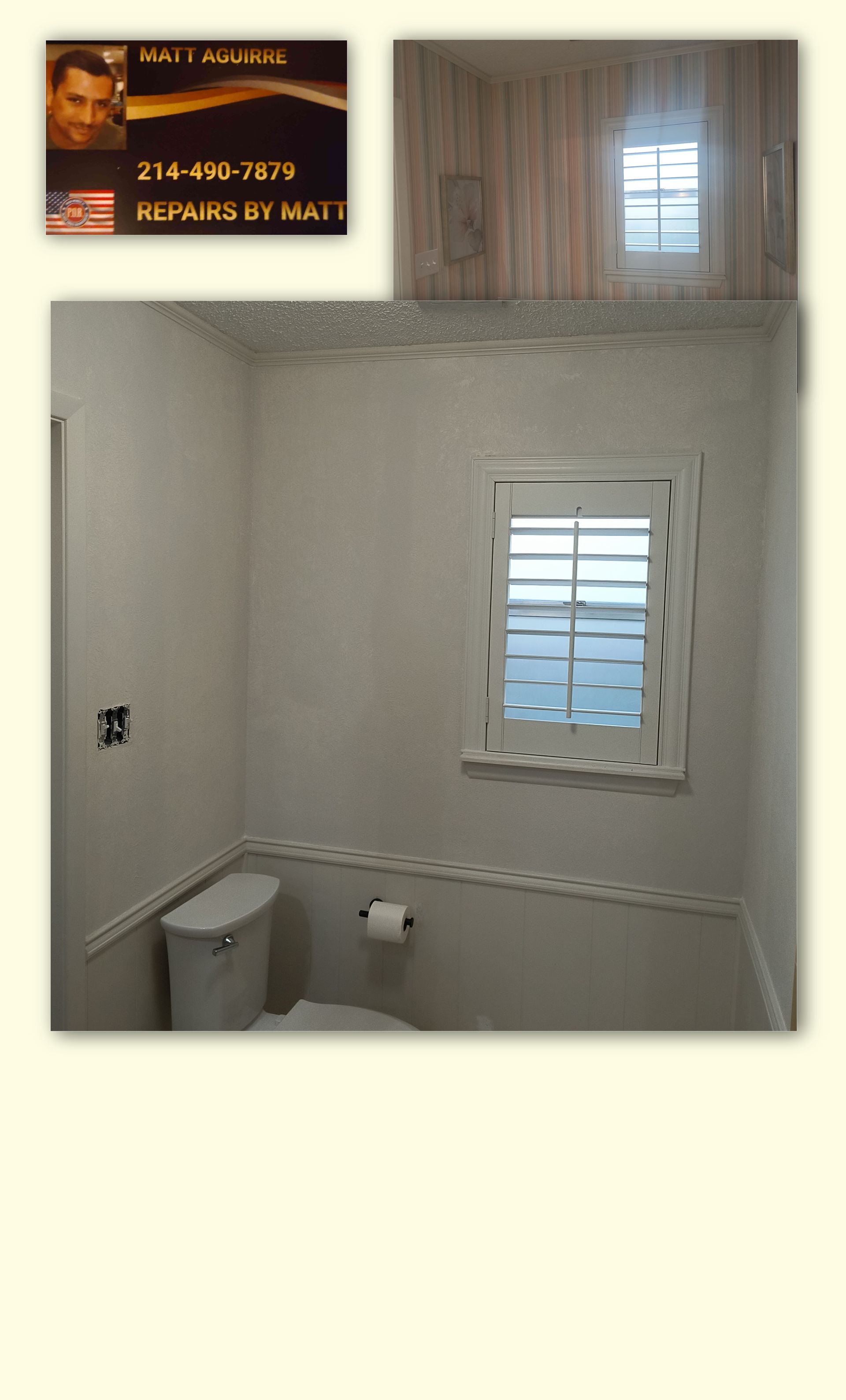 A bathroom featuring a window with white shutters, a toilet, a chair rail, and an inset of a service provider's business card