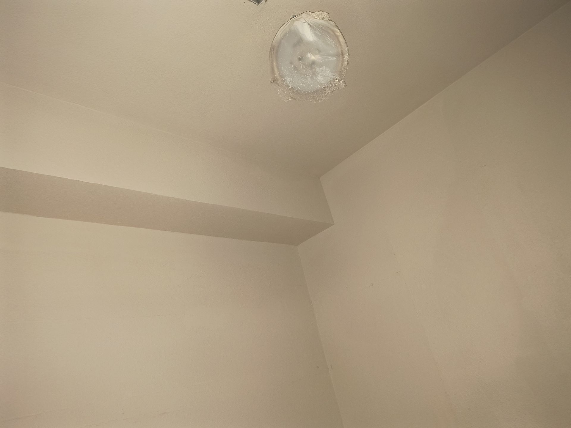A close-up view of an indoor corner showing beige walls, a ceiling drop-down, and a ceiling light fixture.