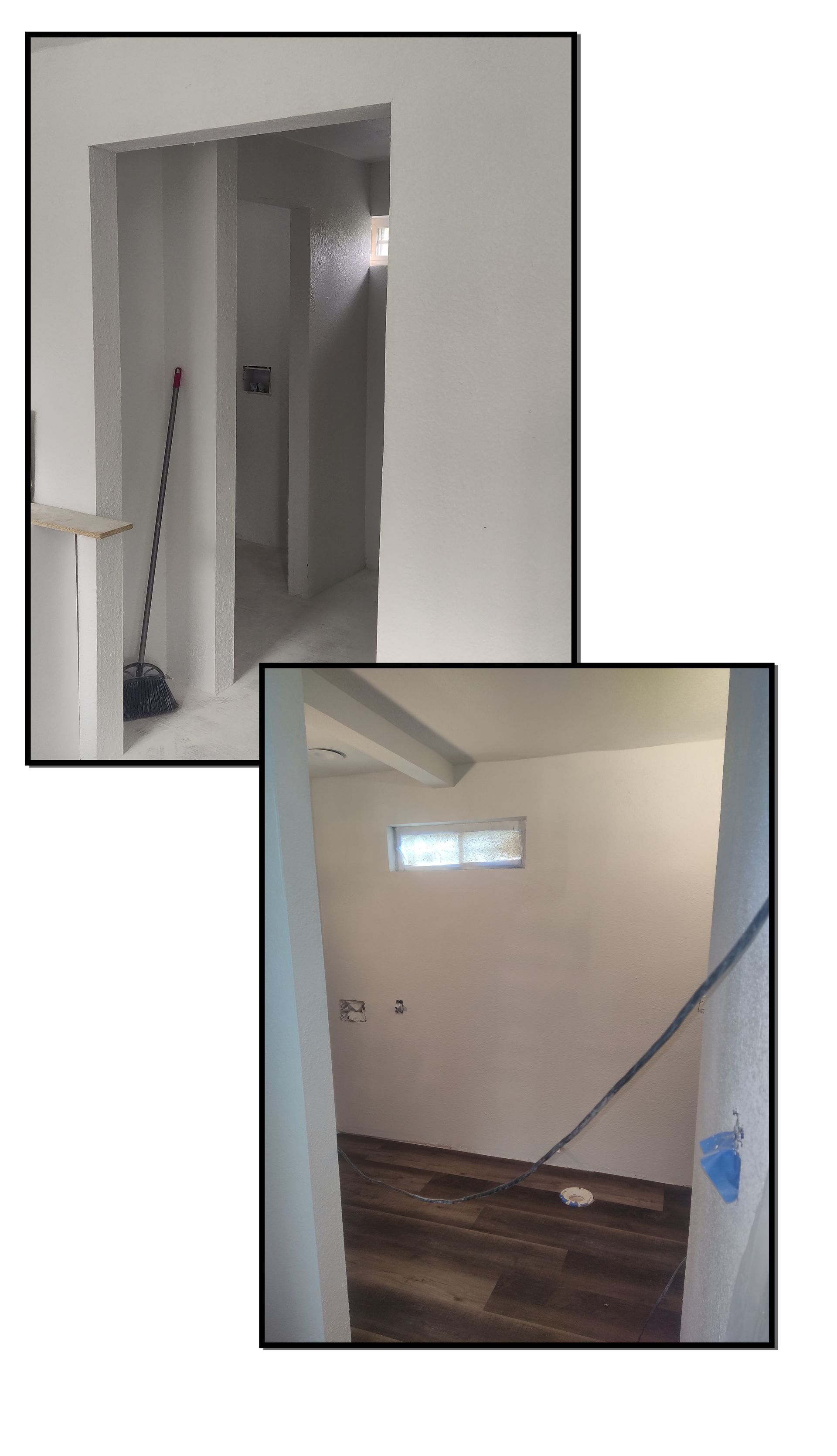 Two interior views of a room under construction, showing white-painted walls, a small horizontal window, and wood flooring.