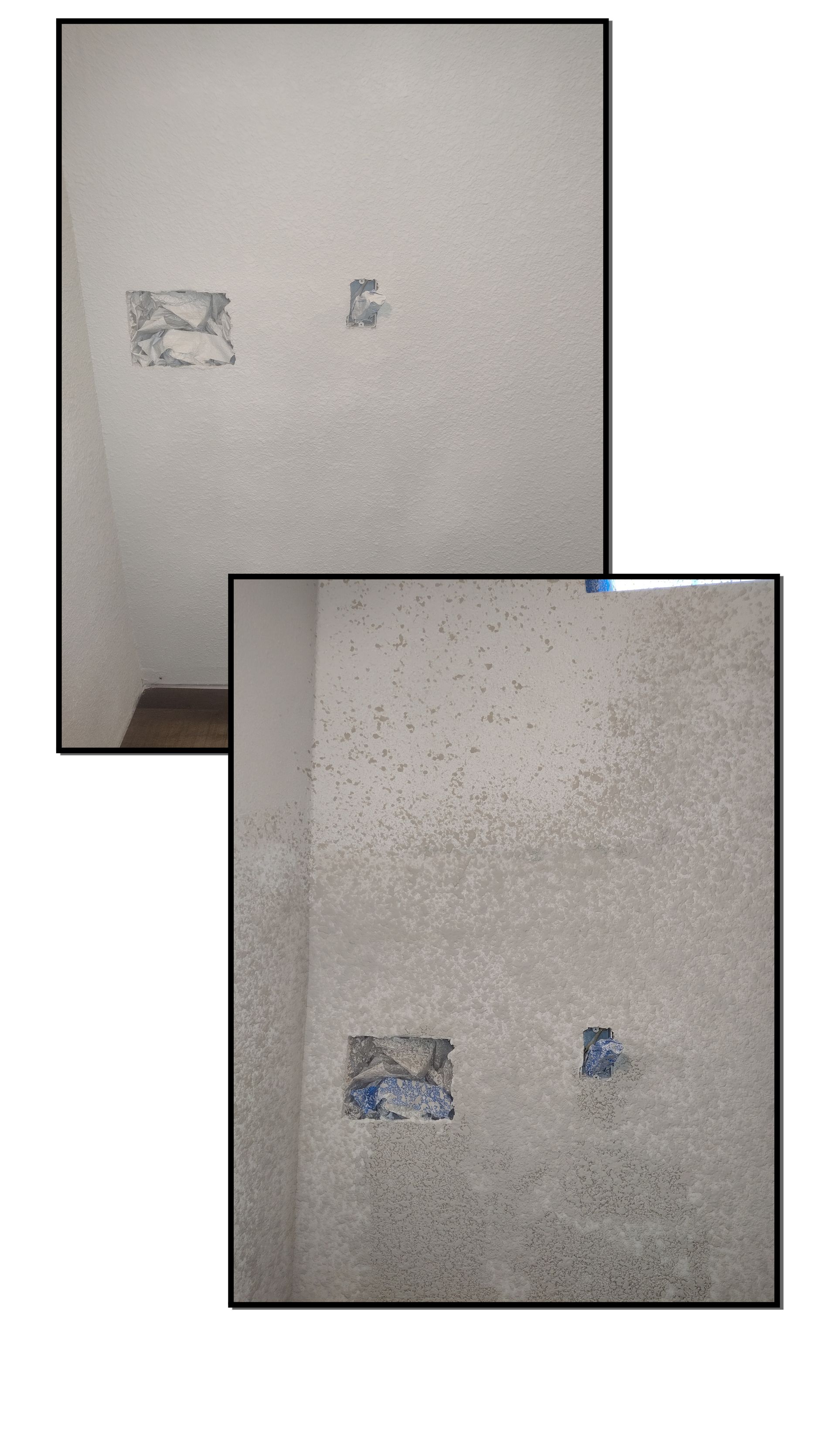 Two photos showing a rough, light-colored wall with two exposed rectangular openings for electrical outlets.