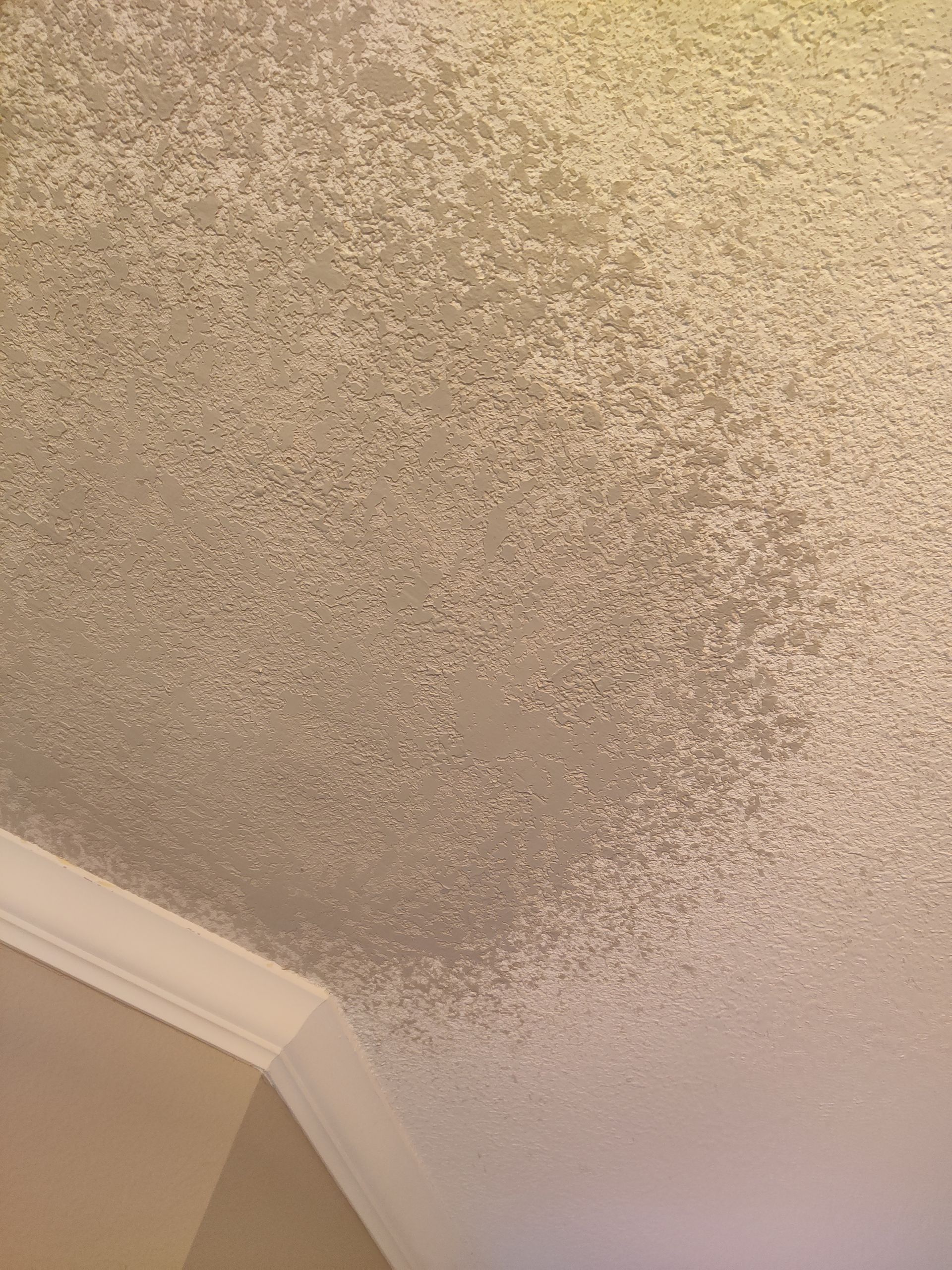 A light brown, textured popcorn ceiling meeting a white corner wall with crown molding.