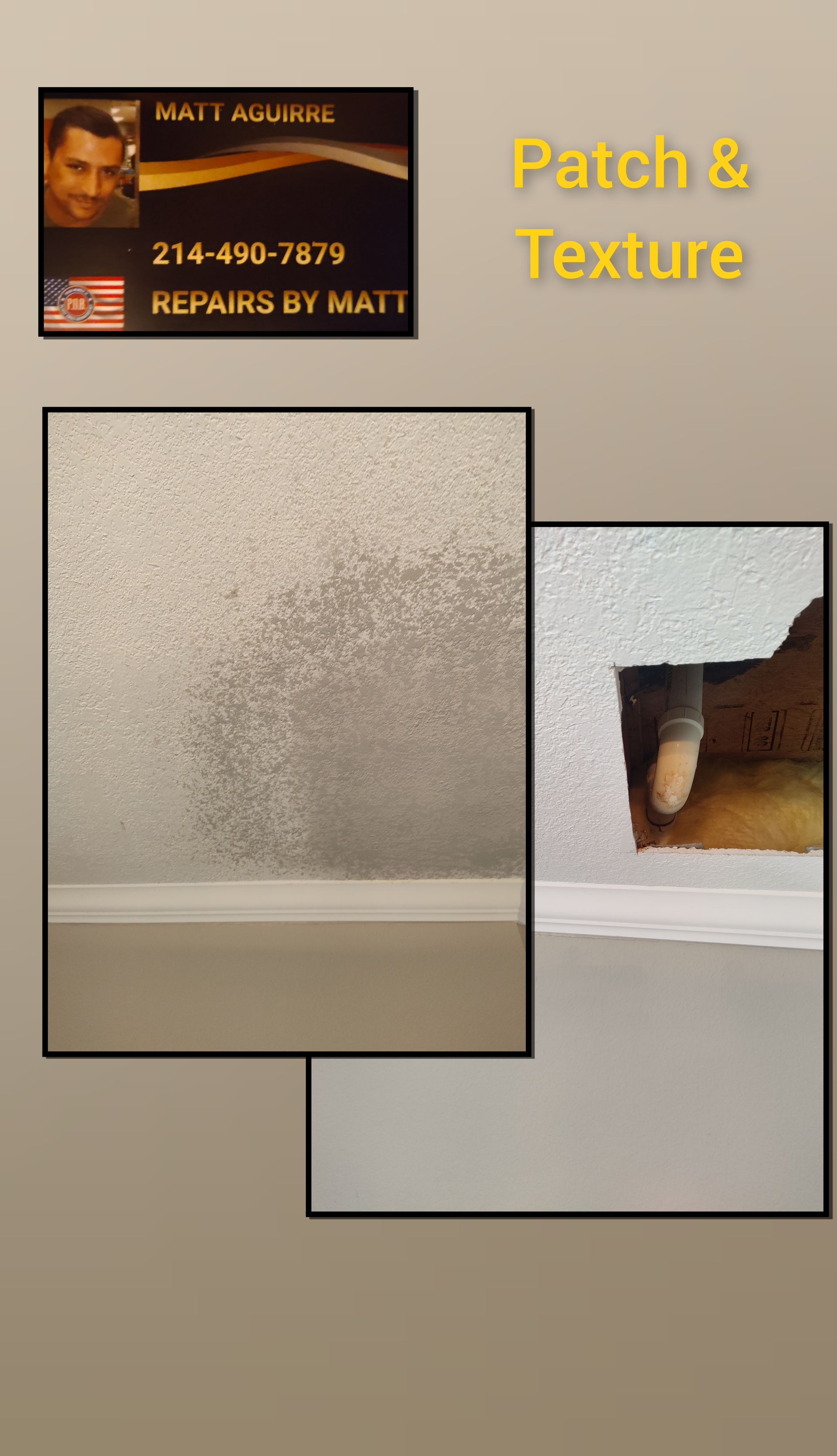 A service flyer for Repairs by Matt shows a hole in a textured ceiling and a completed repair, with the phone 214-450-7879.