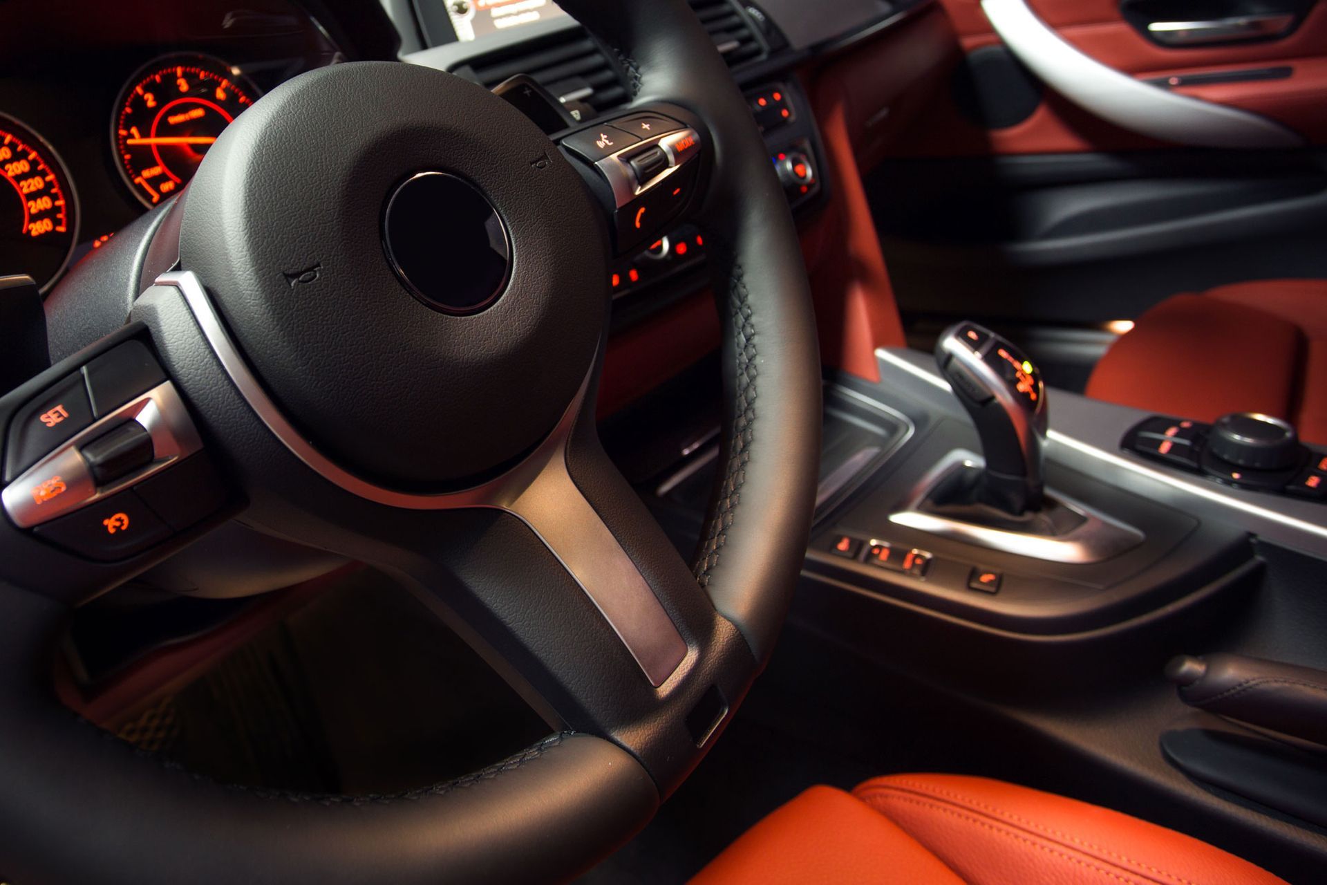 interior closeup of modern car steering wheel