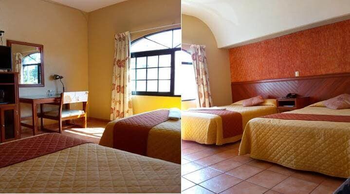 Dos fotografías de una habitación de hotel con dos camas y una ventana.