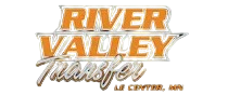 Logo for River Valley Transfer, Le Center, MN, featuring bold, orange, stylized text on a white background.
