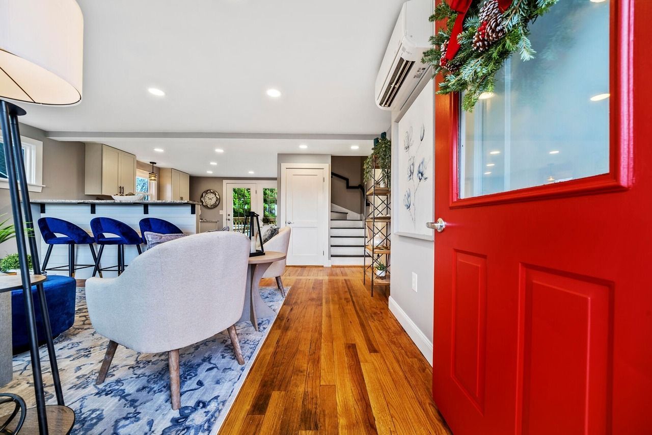 There is a red door in the middle of the room.