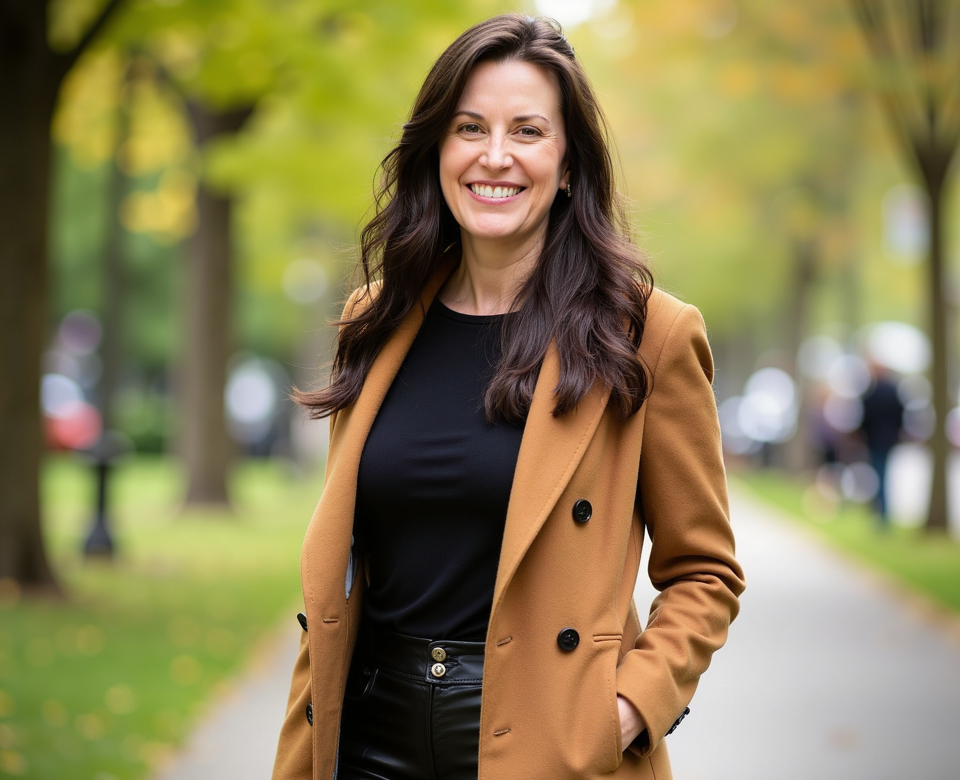 Woman in brown coat smiles outside on a tree-lined path.