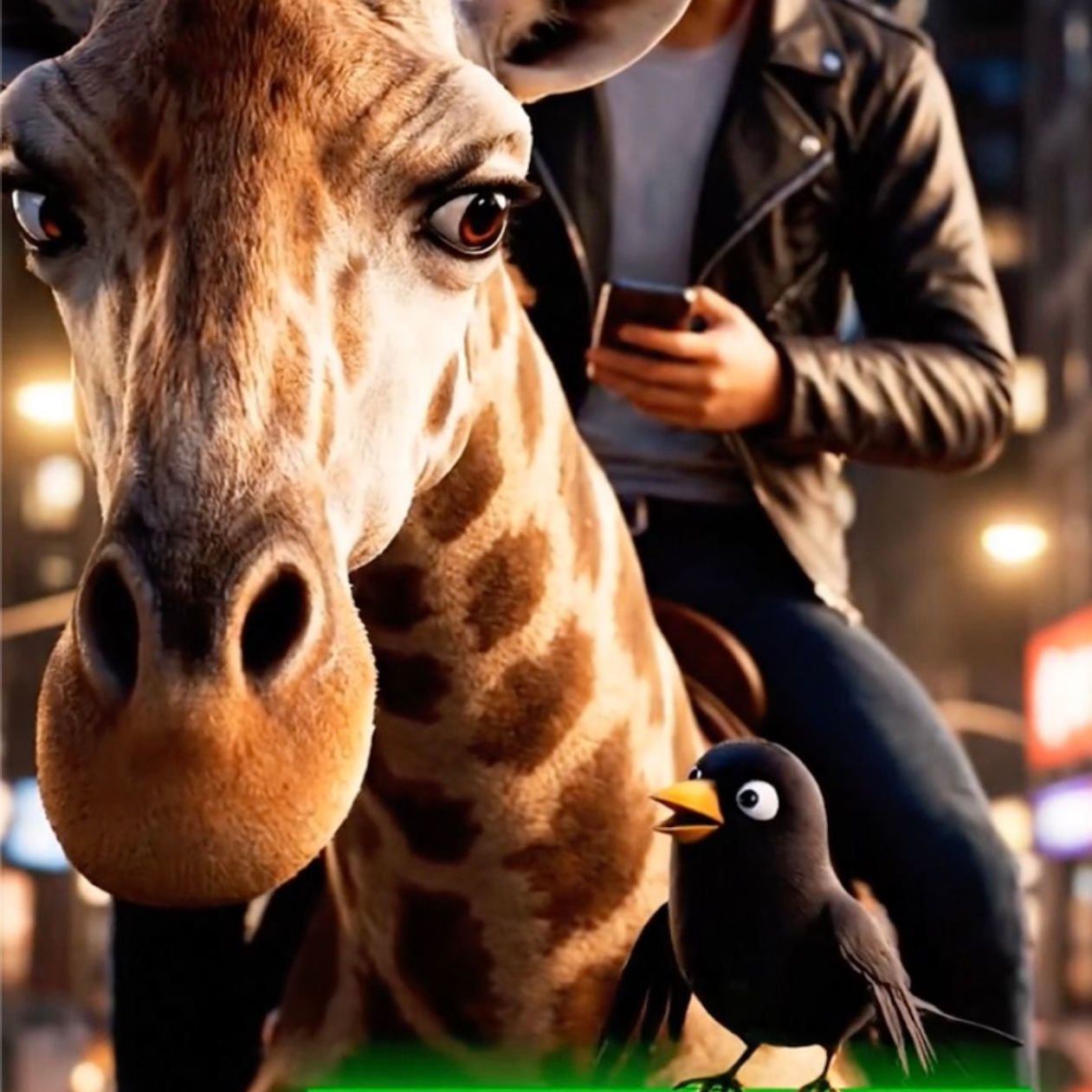 Man on a giraffe using a phone; a bird looks up. City lights in the background.