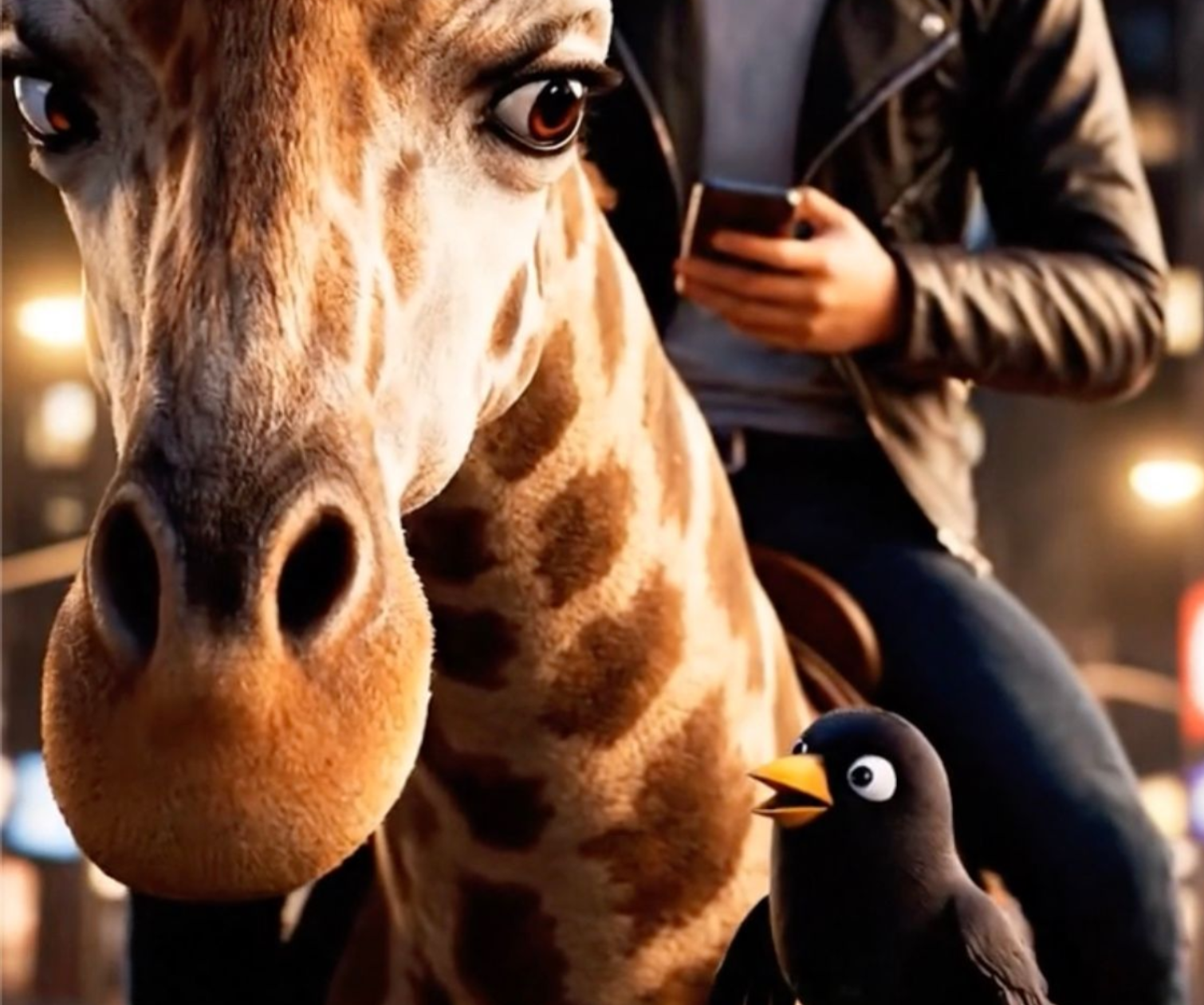 Giraffe ridden by a person in a jacket, holding a phone. A raven stands in front, city lights in background.