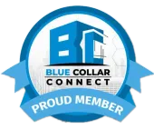 Blue collar connect logo, blue badge. Text: Proud Member. Building graphic.