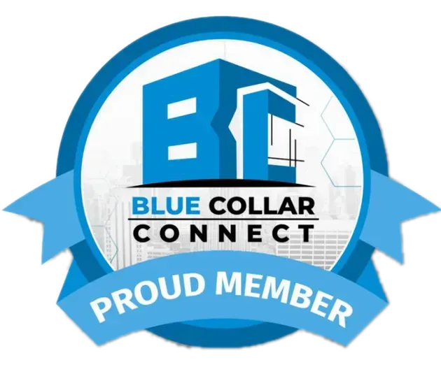 Blue collar connect logo, blue badge. Text: Proud Member. Building graphic.