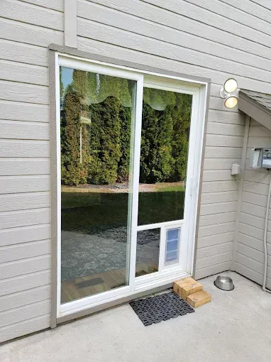 Sliding glass door with built-in pet door; steps, mat, and bowl outside. Reflects green trees.