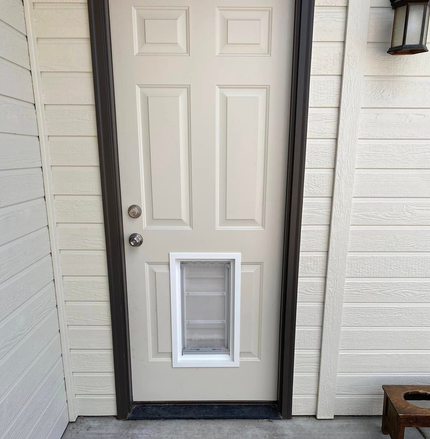 Tan door with a white pet door installed. Door set in a beige wall.