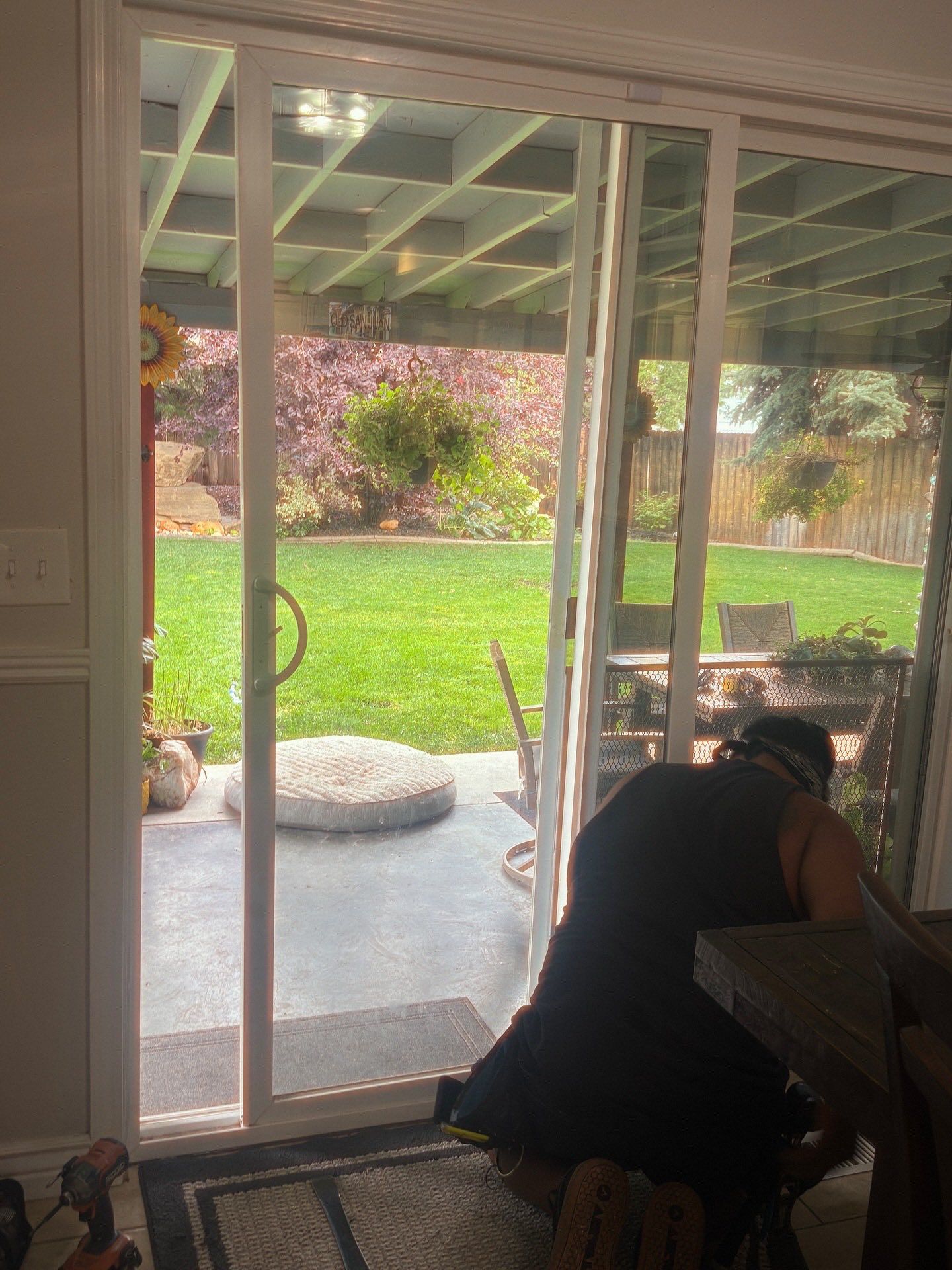 Person kneeling near sliding glass door, looking at the door. Backyard with green grass and trees is visible.
