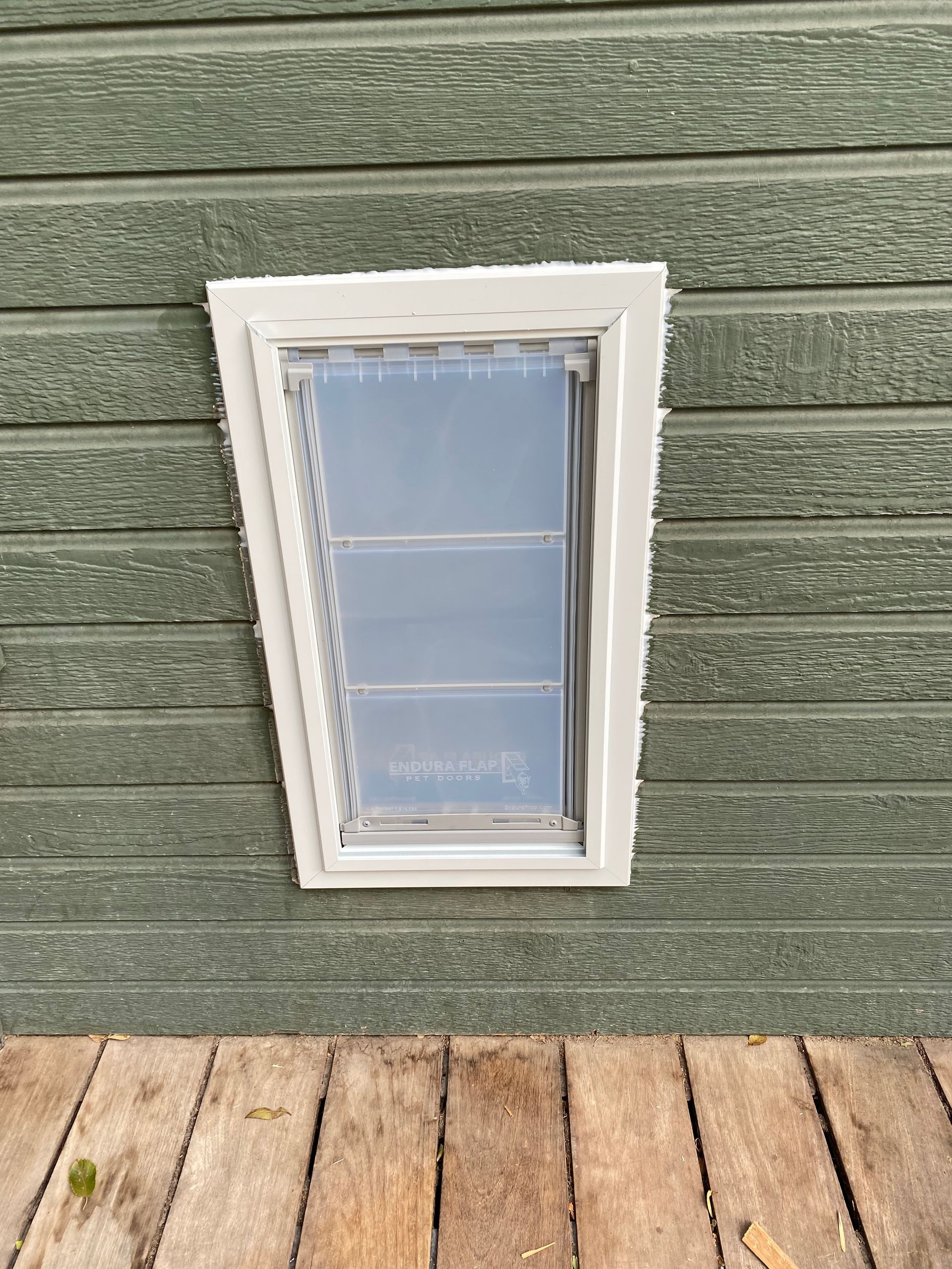 White-framed dog door installed on a green wooden wall. Bottom edge is on wood decking.