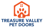 Orange house-shaped logo with a paw print and Treasure Valley Pet Doors text in blue.