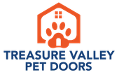 Orange house-shaped logo with a paw print and Treasure Valley Pet Doors text in blue.