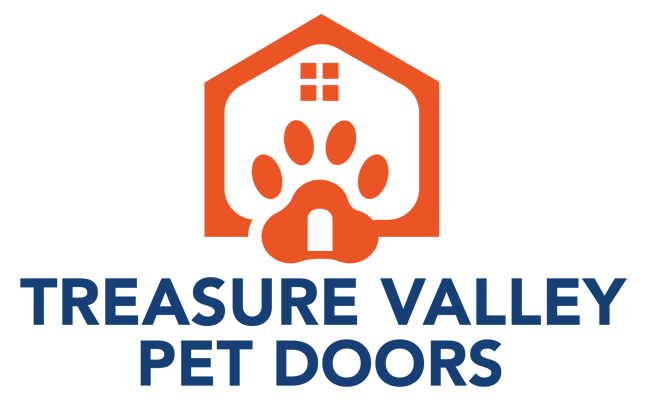 Orange house-shaped logo with a paw print and Treasure Valley Pet Doors text in blue.
