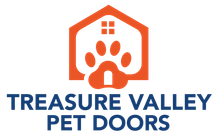 Orange house-shaped logo with a paw print and Treasure Valley Pet Doors text in blue.