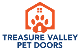 Orange house-shaped logo with a paw print and Treasure Valley Pet Doors text in blue.