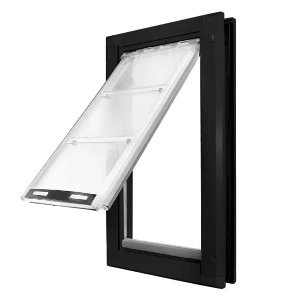 Black pet door installed in a wall; clear plastic flap is open.