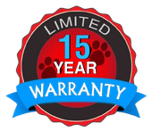 Limited 15-year warranty badge. Red, black, and blue colors. Contains paw prints.