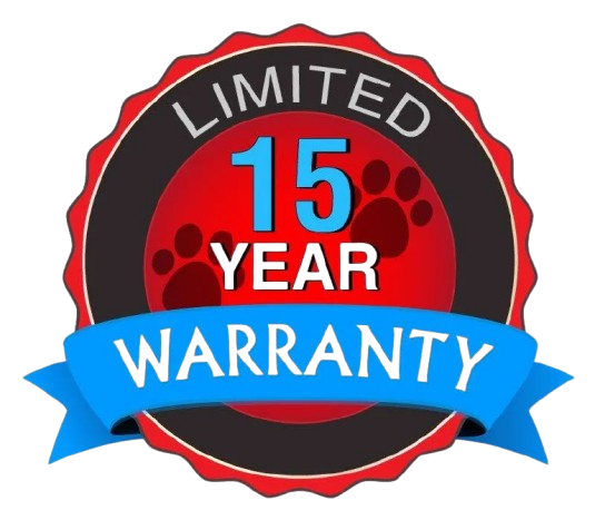 Limited 15-year warranty badge. Red, black, and blue colors. Contains paw prints.