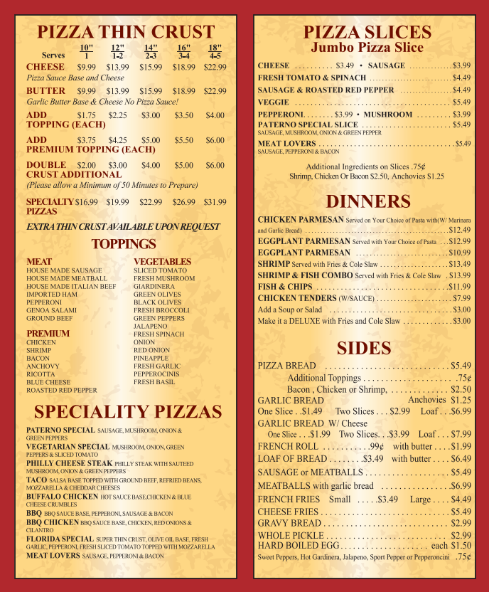 Pizza Thin Crust And Pizza Slices Menu — Chicago IL — Paterno's Pizza