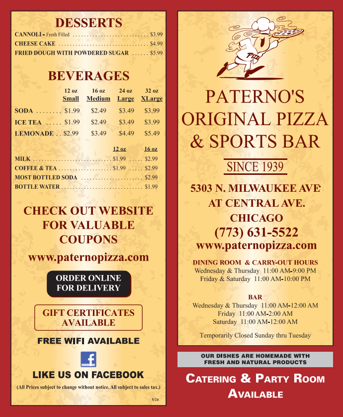 Beverages Menu — Chicago IL — Paterno's Pizza