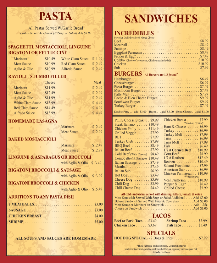 Pasta Menu — Chicago IL — Paterno's Pizza