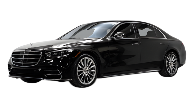 Black luxury sedan on a white background, front three-quarter view