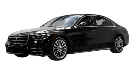 Black luxury sedan on a white background, front three-quarter view