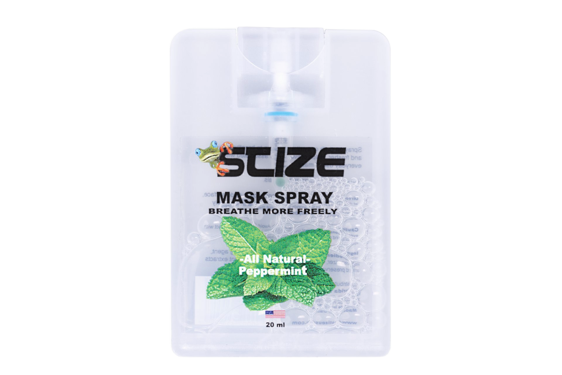 A bottle of suze mask spray is sitting on a rock.