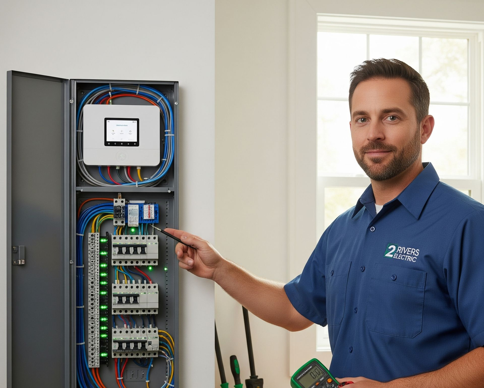 Electrician pointing at a control panel on a wall in a house, smiling.