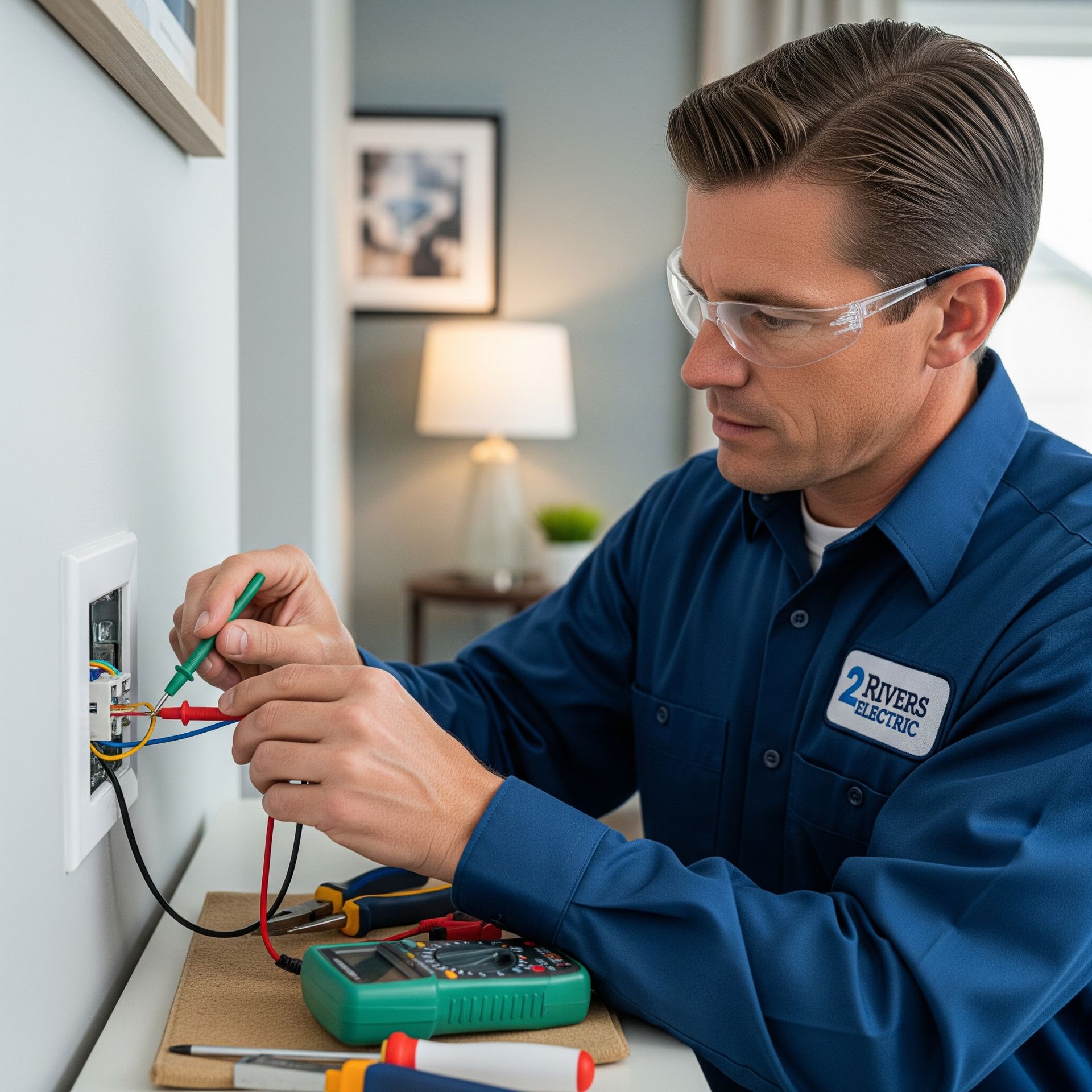 Electrician wearing safety glasses checks wiring in a wall outlet, using a multimeter.