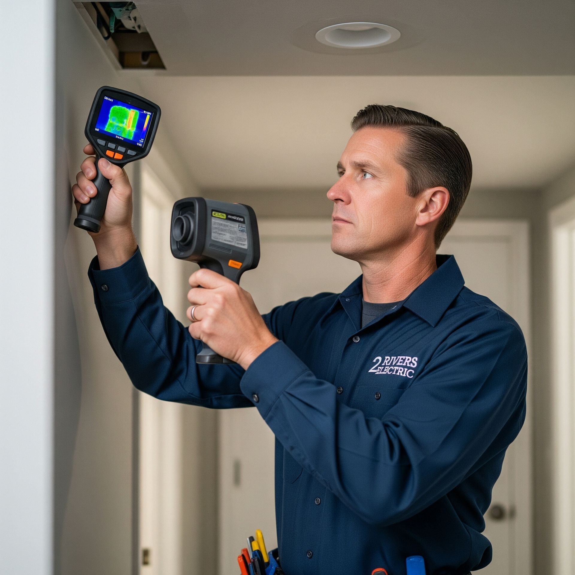 Man uses thermal imaging cameras in a home. He wears a blue uniform and examines a ceiling.