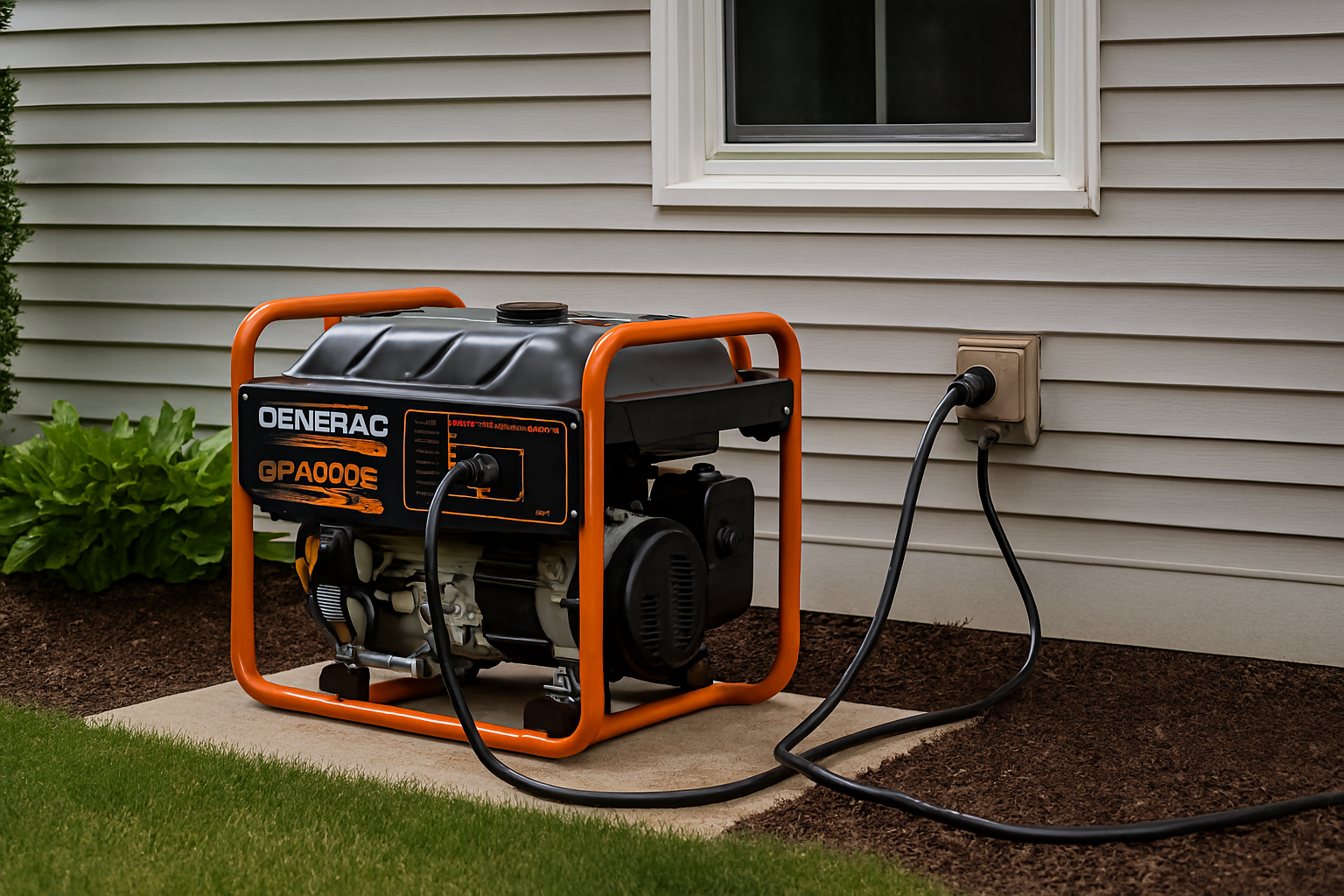 Orange generator connected to a house outlet. It sits on a concrete slab near the building.